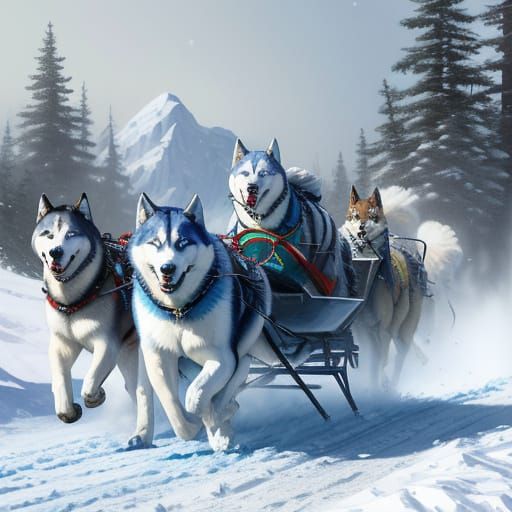 Huskies Pulling Sled Through Snowy Wilderness