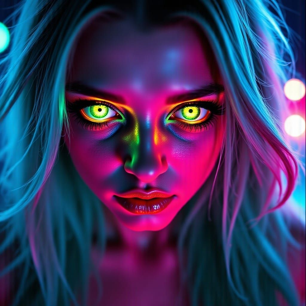 Cyberpunk Woman with Neon Makeup and Teal Hair