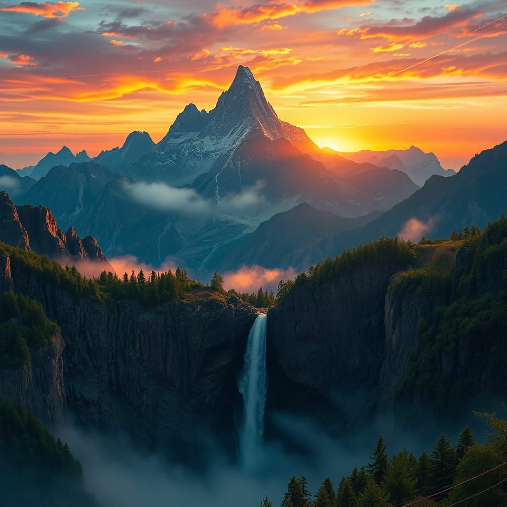 Epic Mountain Sunset with Majestic Waterfall