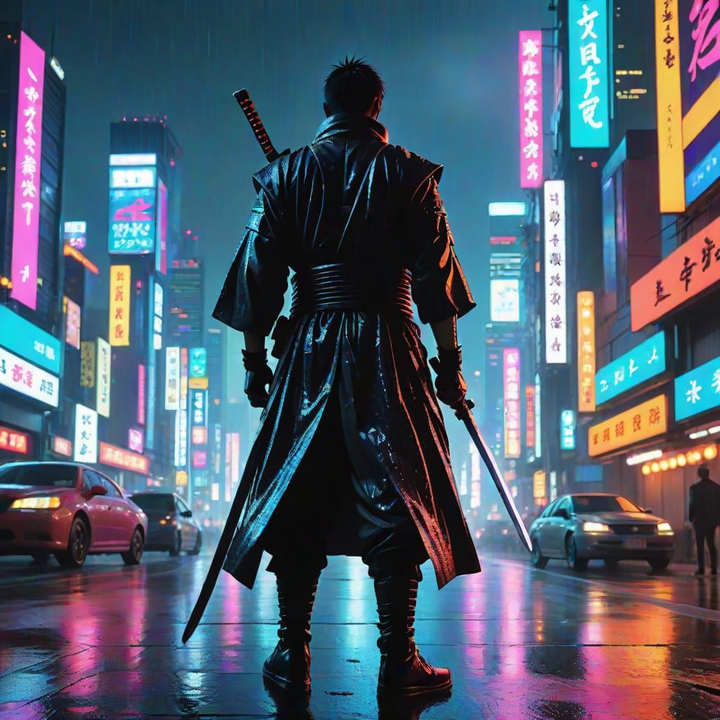 Cyberpunk Samurai in Neon Tokyo Rain