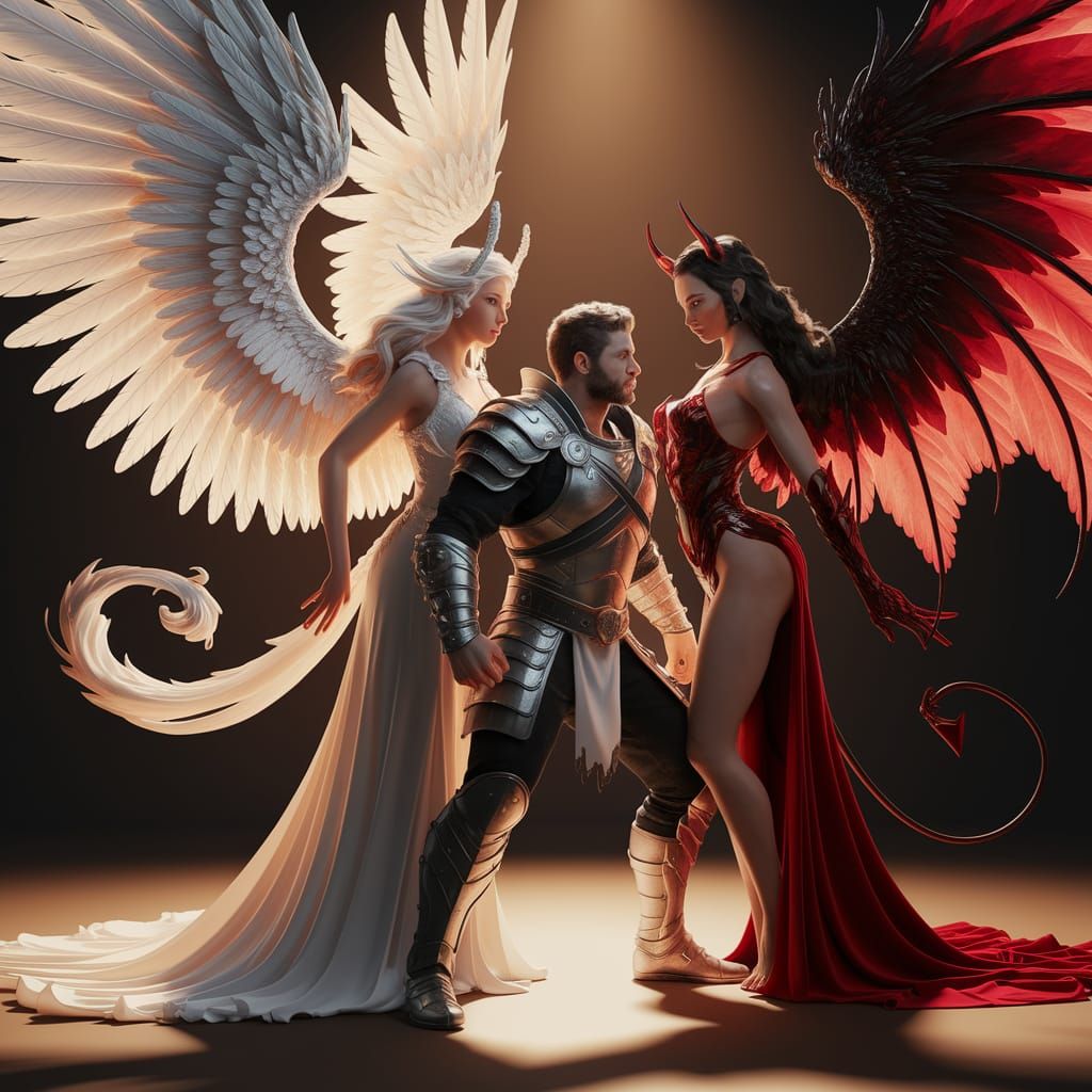Warrior Between Angel and Devil: a 3D Render