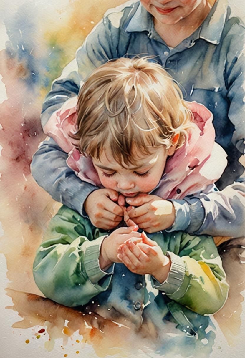 Watercolor of Child Surrounded by Gentle Hands