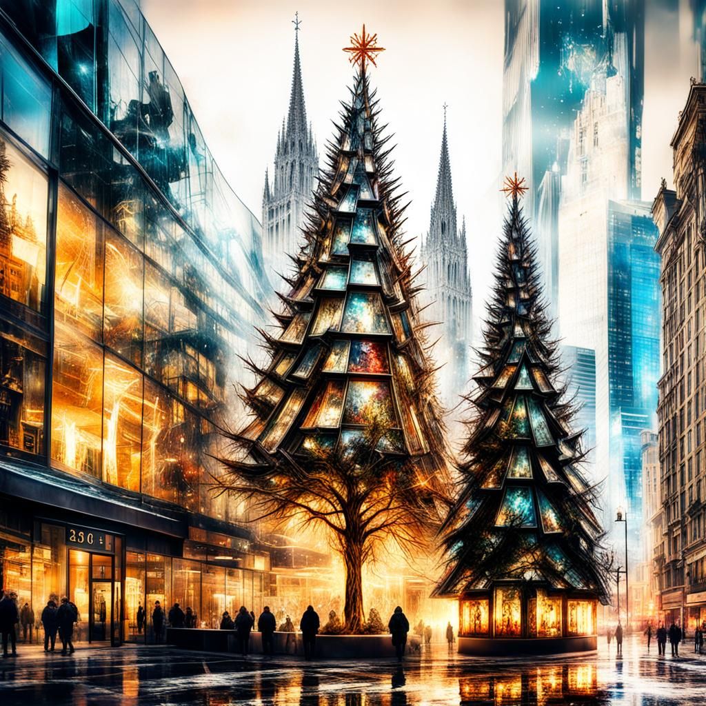 Glasspunk Christmas Trees in Gothic Cityscape