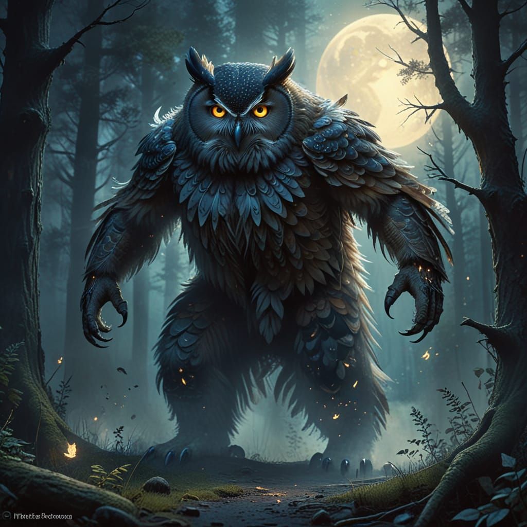Whimsical Owl Bear in Mystical Forest