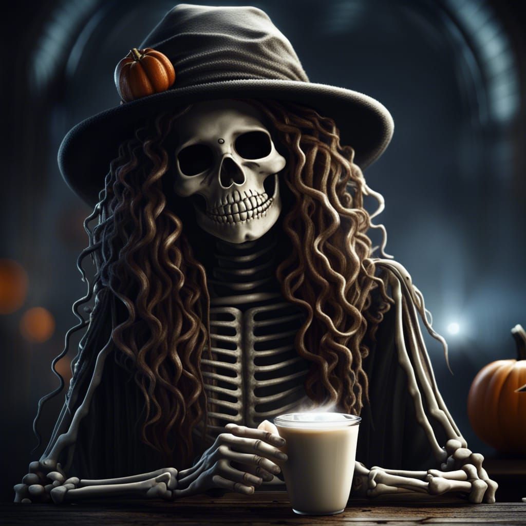 Skeleton Woman With Latte: Dark Fantasy Art