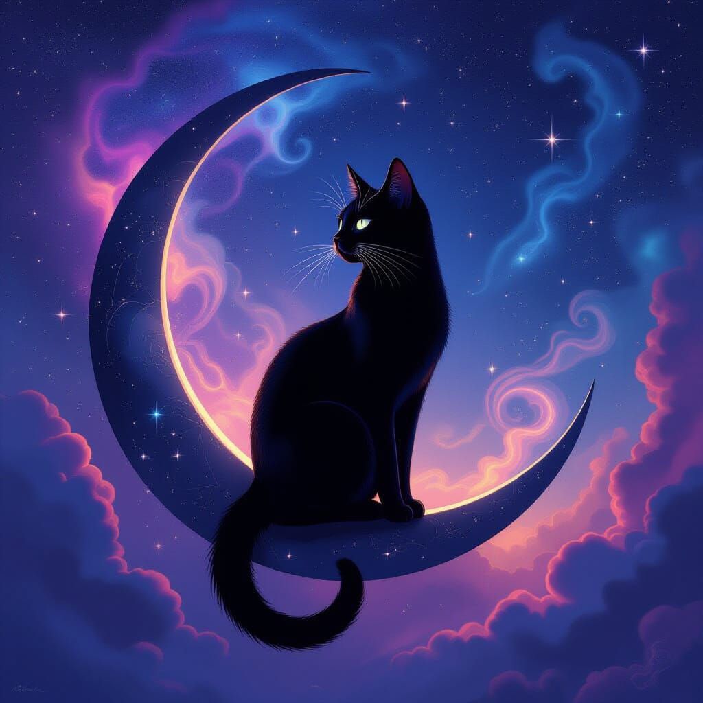 Black Cat on Crescent Moon Amidst Nebula