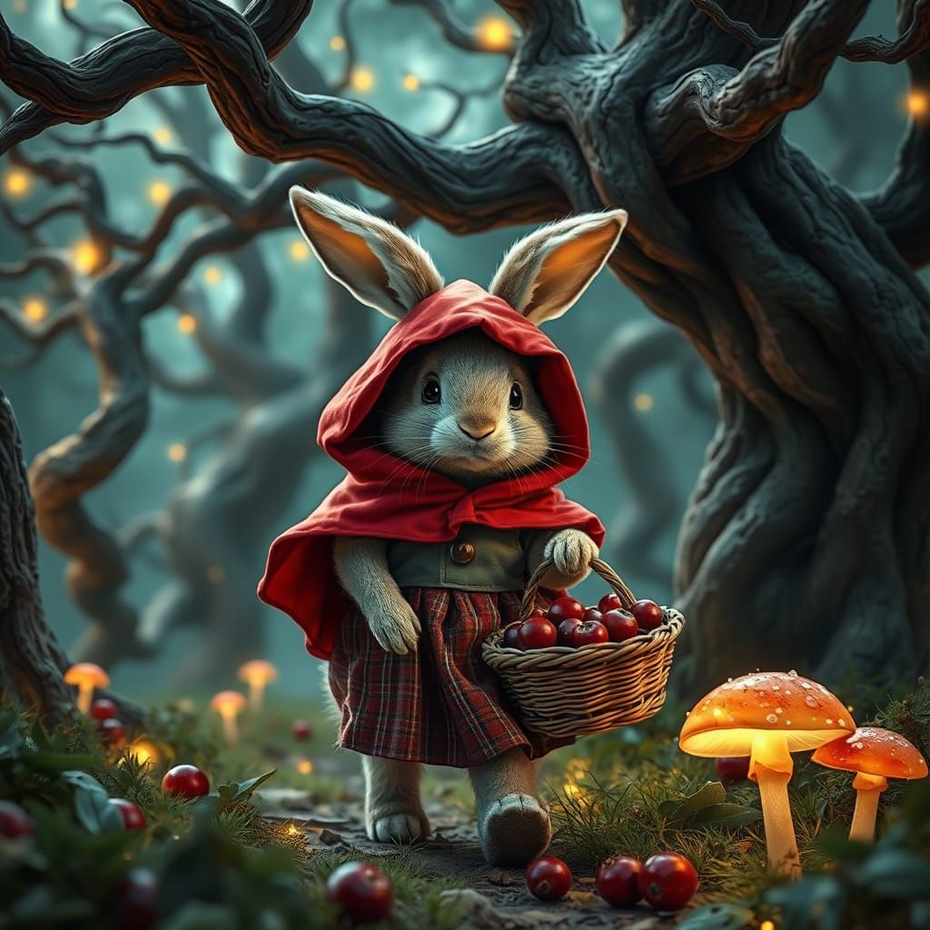 Whimsical Hyperrealistic Bunny Wanders Enchanted Forest