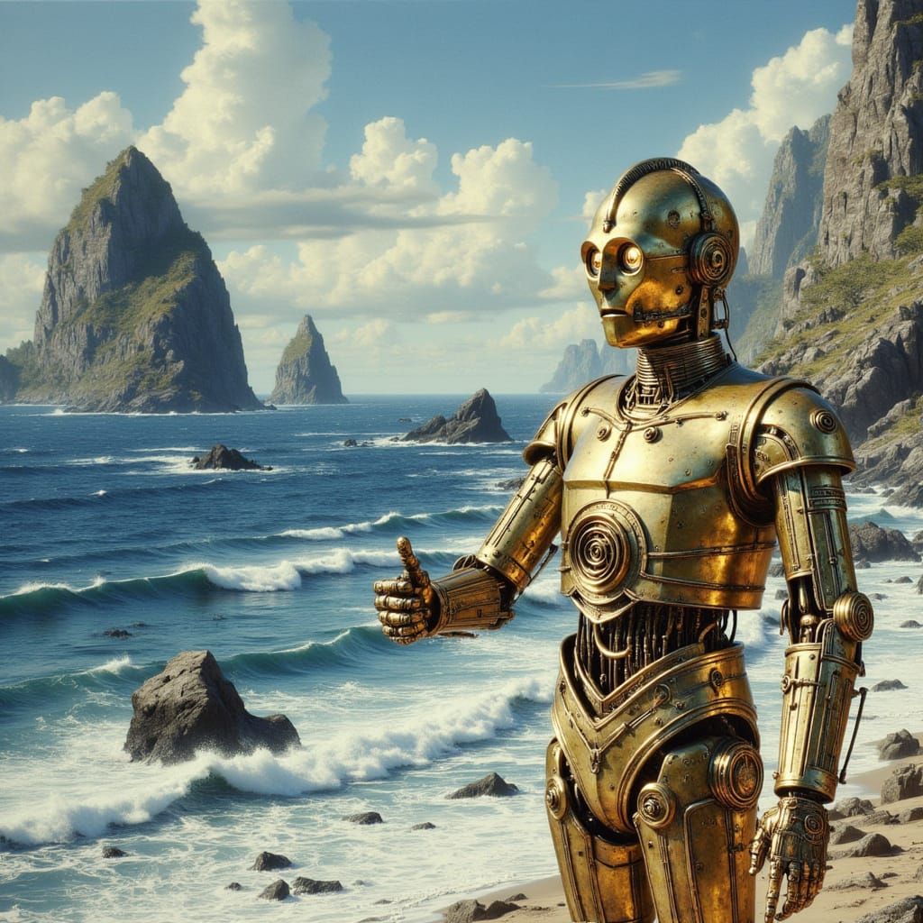 Cyberpunk Star Wars C3-PO by the Ocean