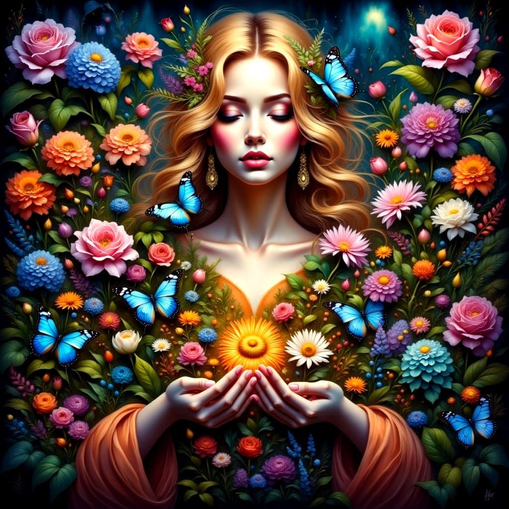 Serene Goddess Envelops Vibrant Magical Garden