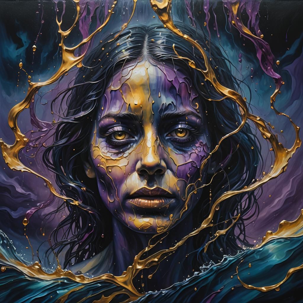 Surreal Submerged Face in Dreamlike Oil Painting