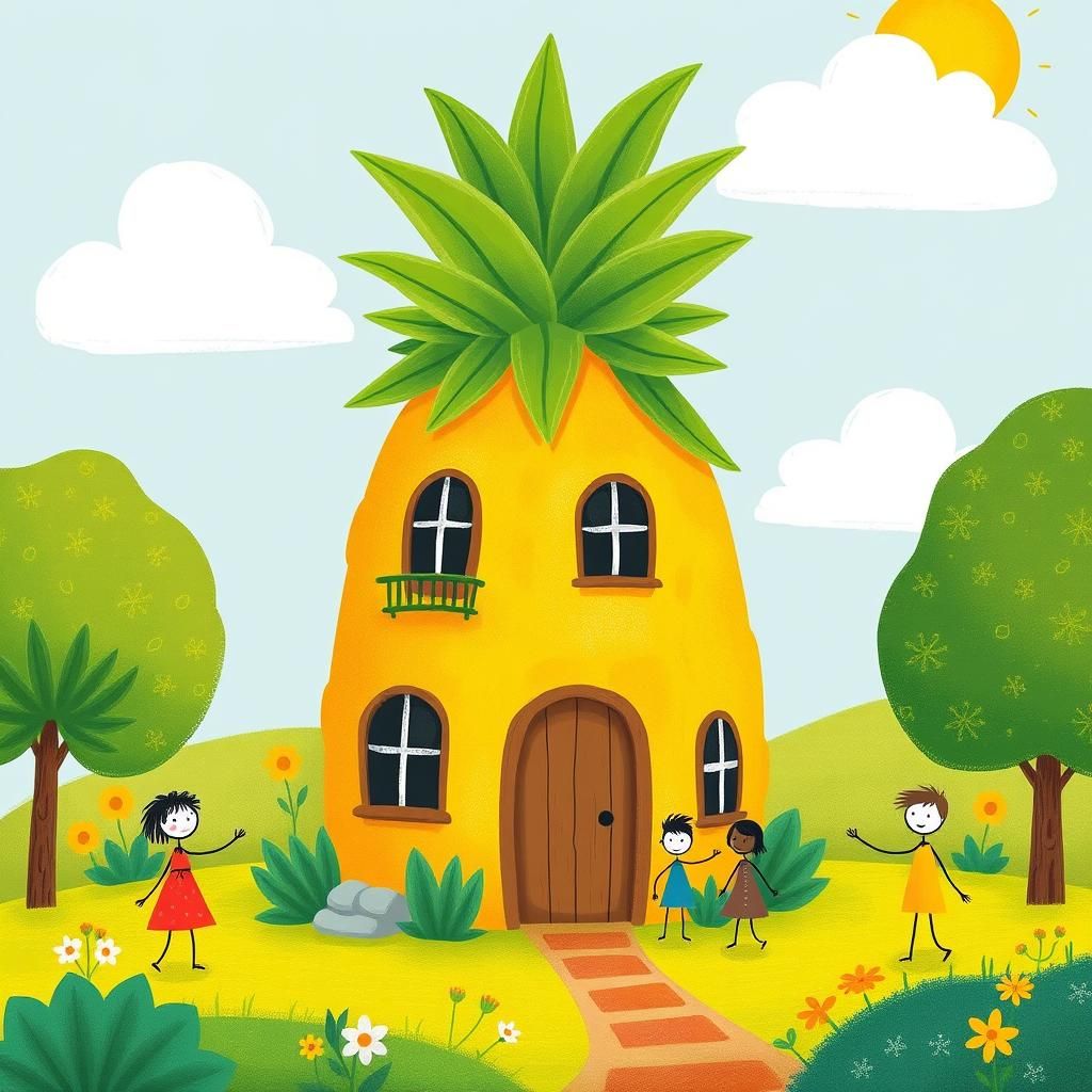 Whimsical Pineapple House with Stickmen in Storybook Style