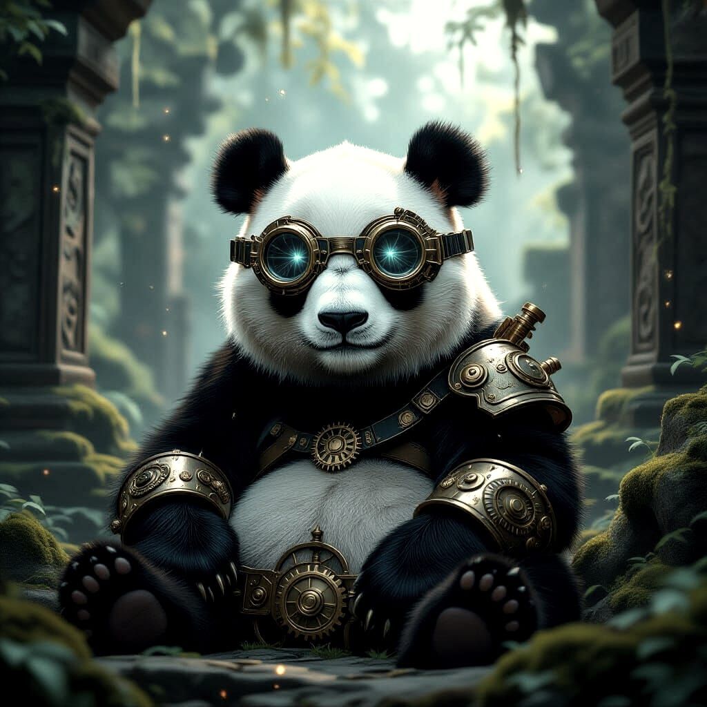Panda in Steampunk Goggles at Ancient Temple Ruins