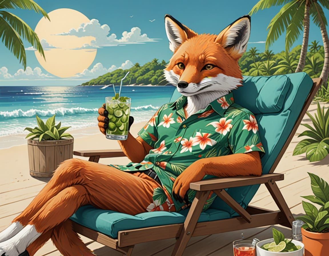 Relaxed Anthropomorphic Fox Drinks Mojito in Manga Style