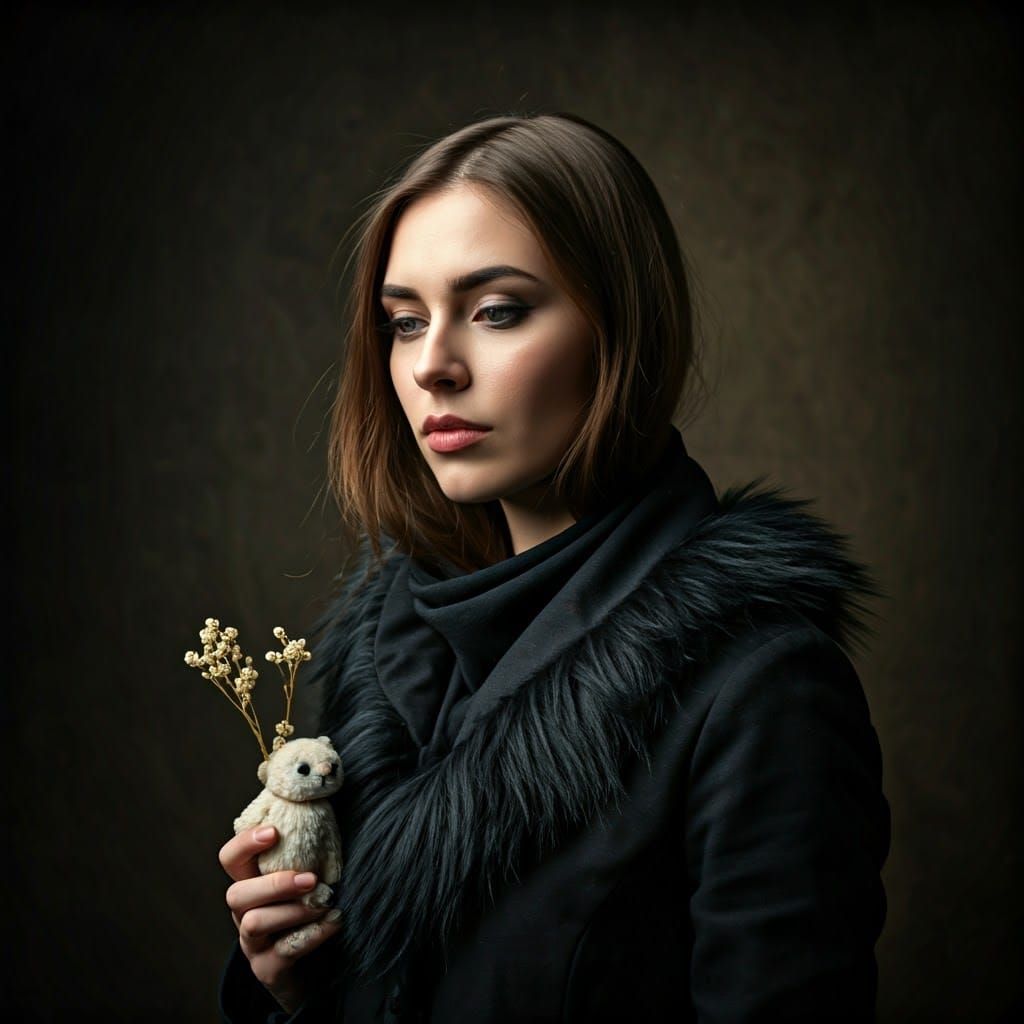 Mysterious Woman in Long Black Dress Surrounded by Forest, w...