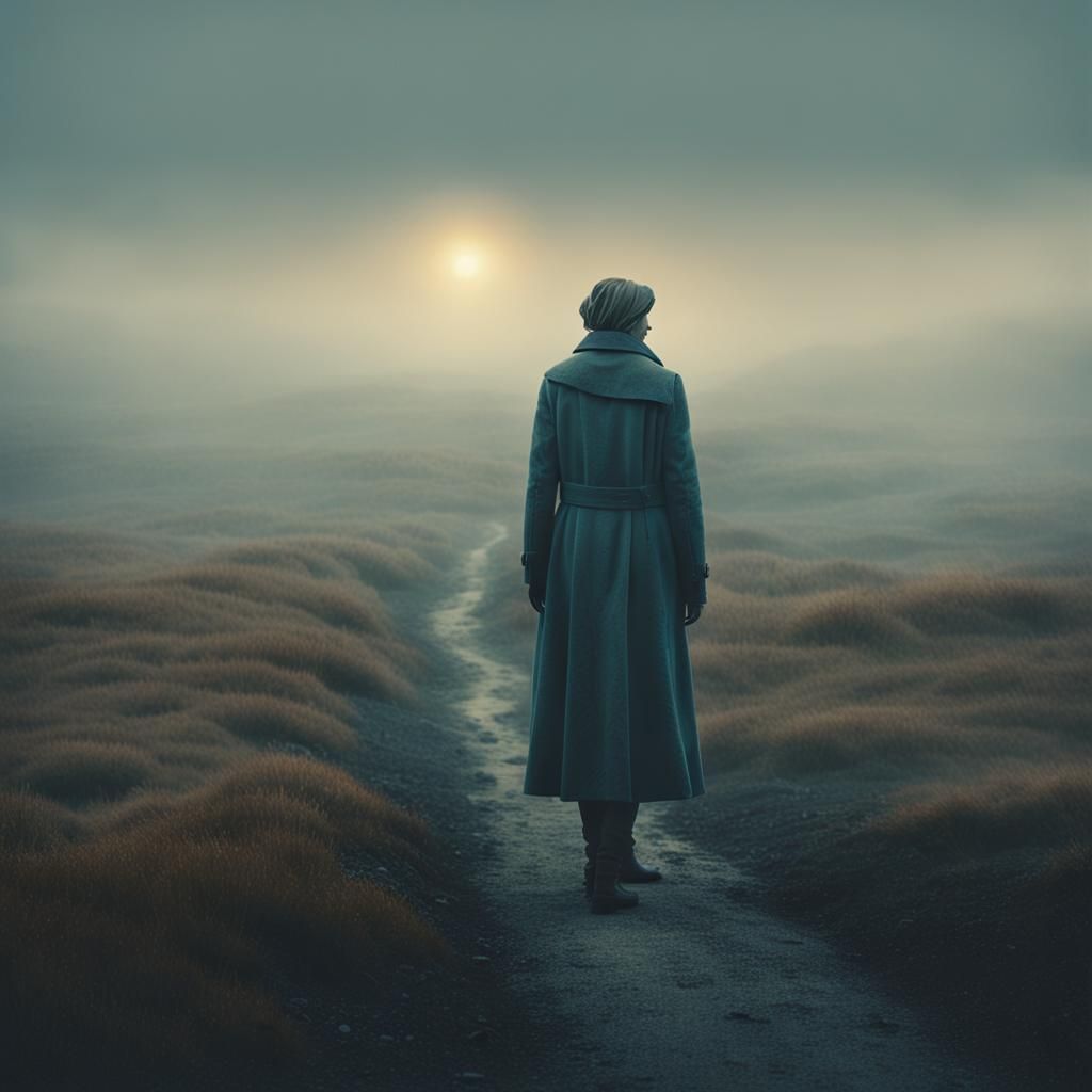 Woman in Misty Landscape: Cinematic Film Still