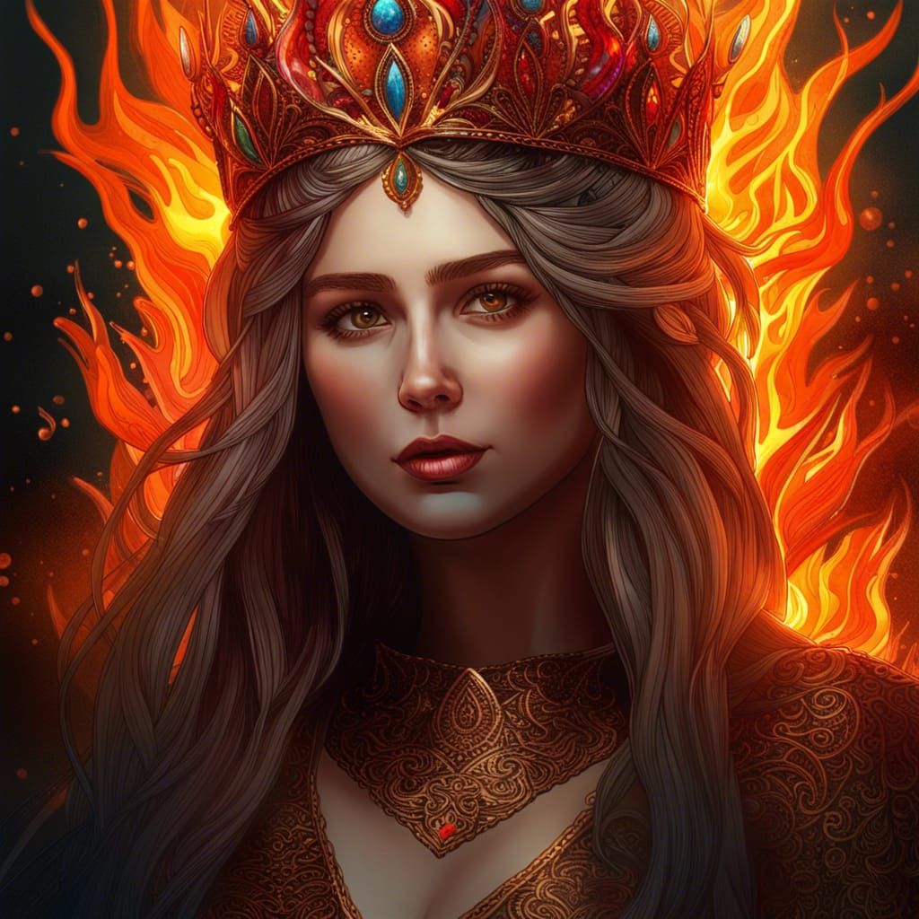 Fiery Girl with Filigree Crown in Hyperrealistic Style