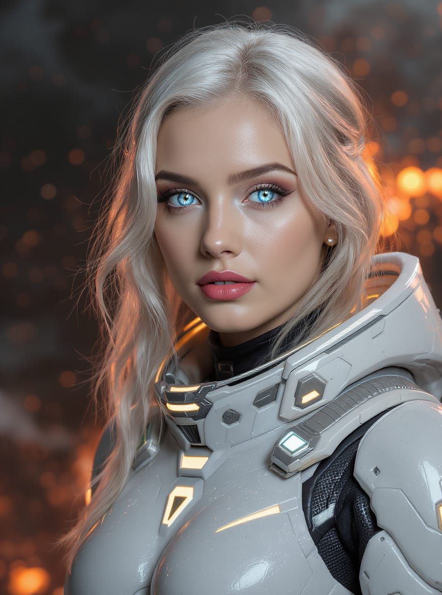 Striking Woman in Futuristic Exosuit with Cybernetic Element...