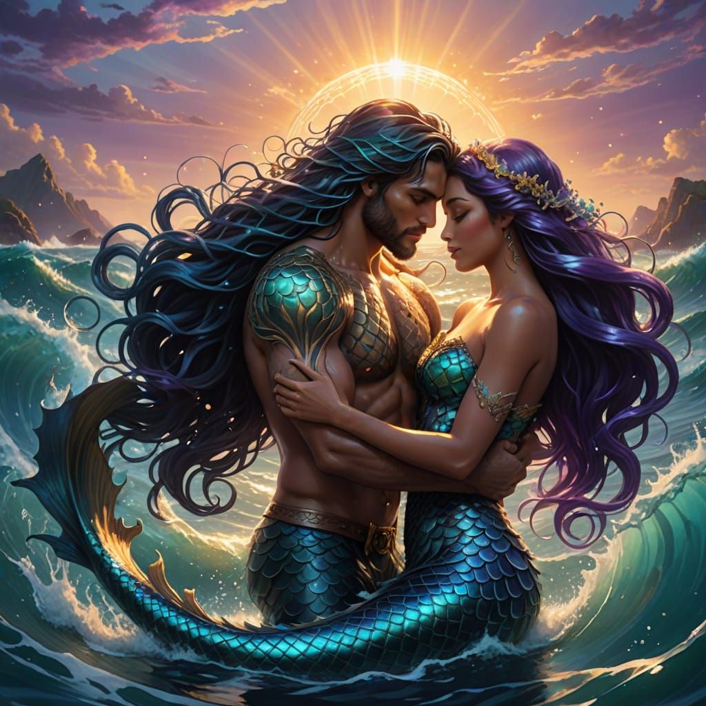 Ethereal Mermaid and Merman in Tender Embrace