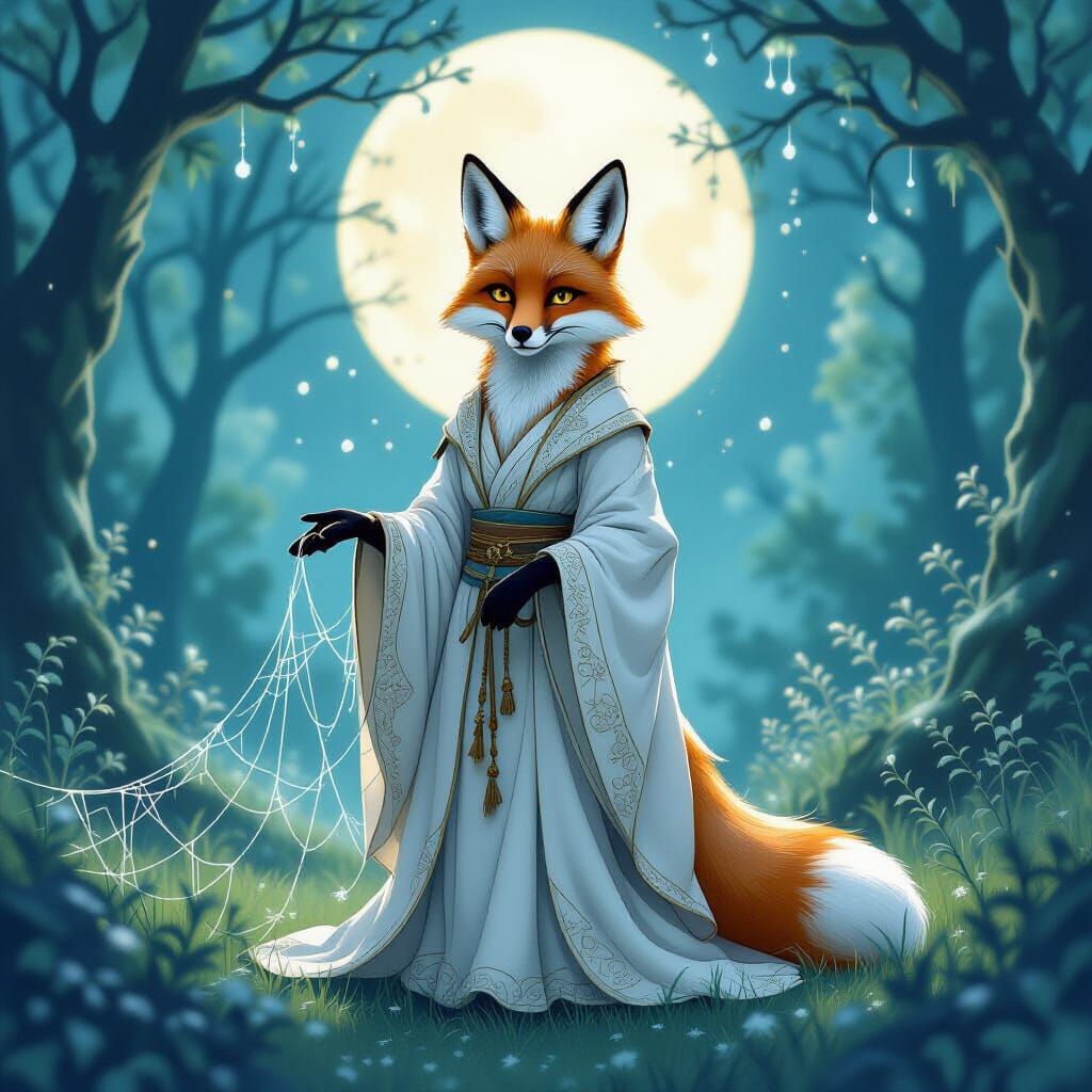 Fox in Spider Silk Robes in Moonlit Glade