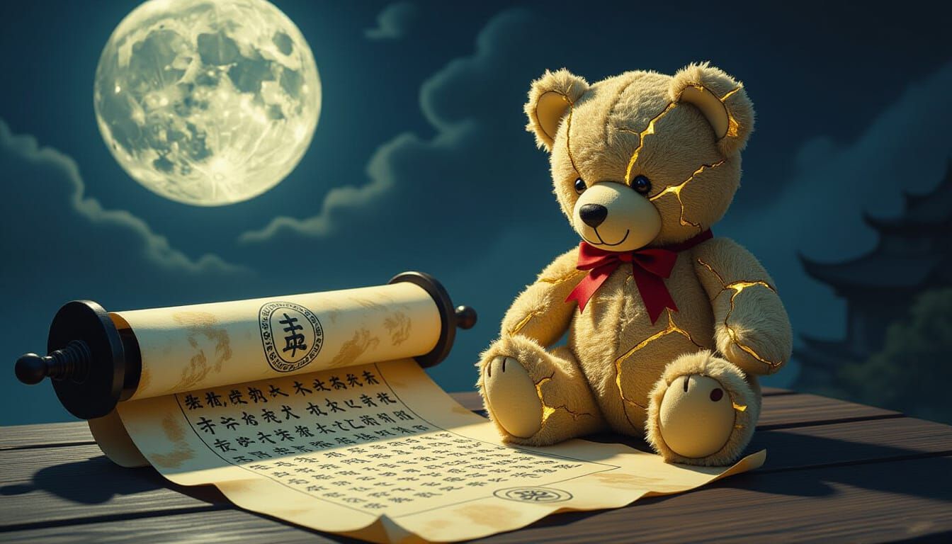 A kintsugi teddy bear, its golden cracks gleaming in the moo...