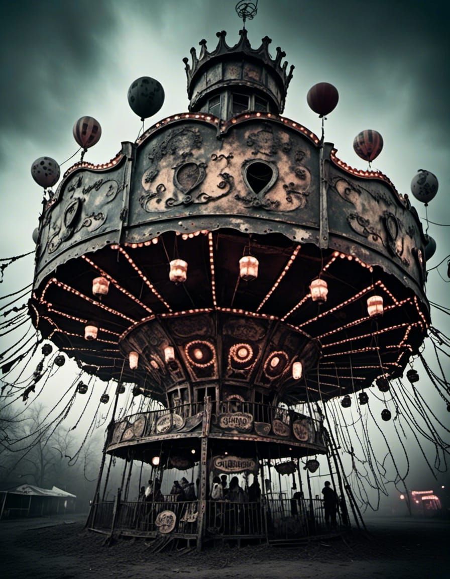 Fog-Shrouded Carnival Ride in Black and White