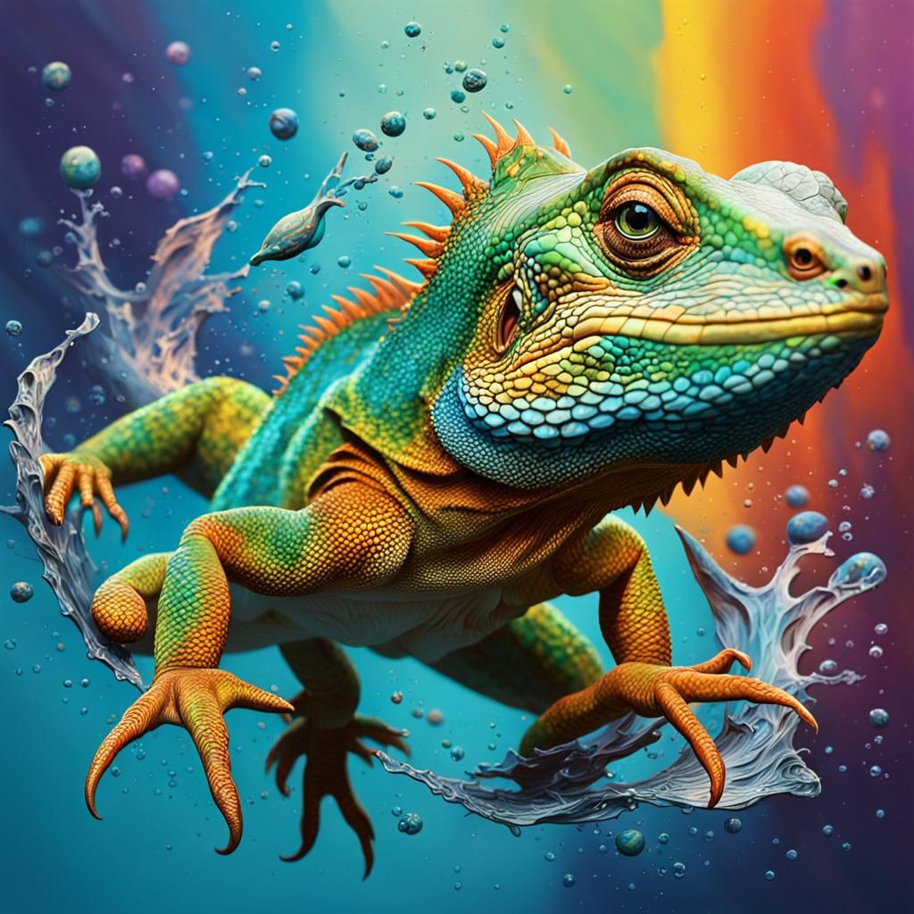 Hyperrealistic Leaping Lizard in Splash Art Style