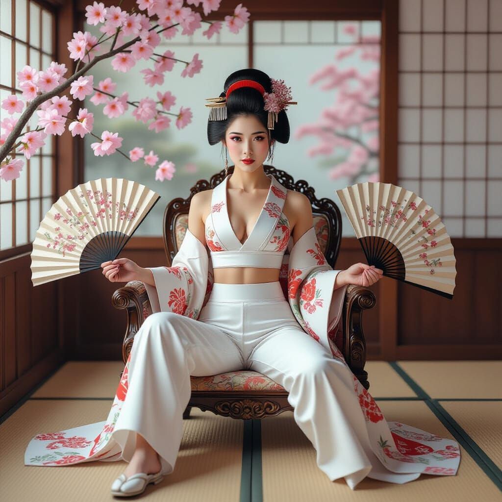 Geisha in Modern Attire Amid Cherry Blossoms