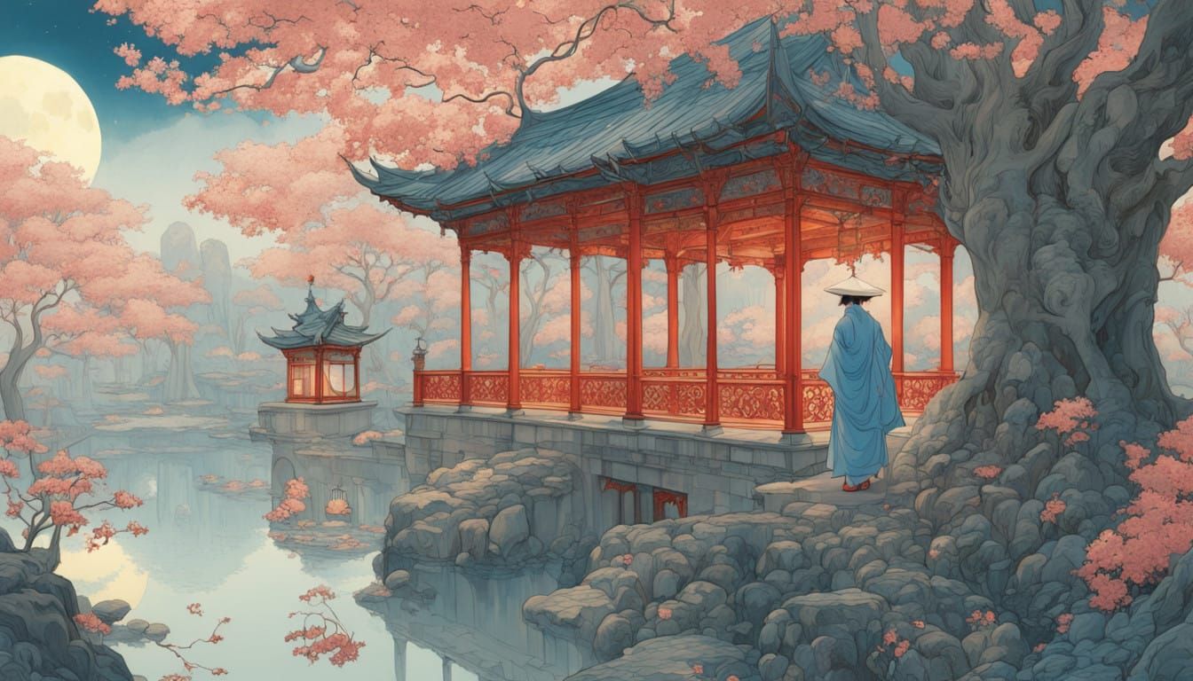 Mystical Woman Strolls Through Dreamlike Oriental Garden