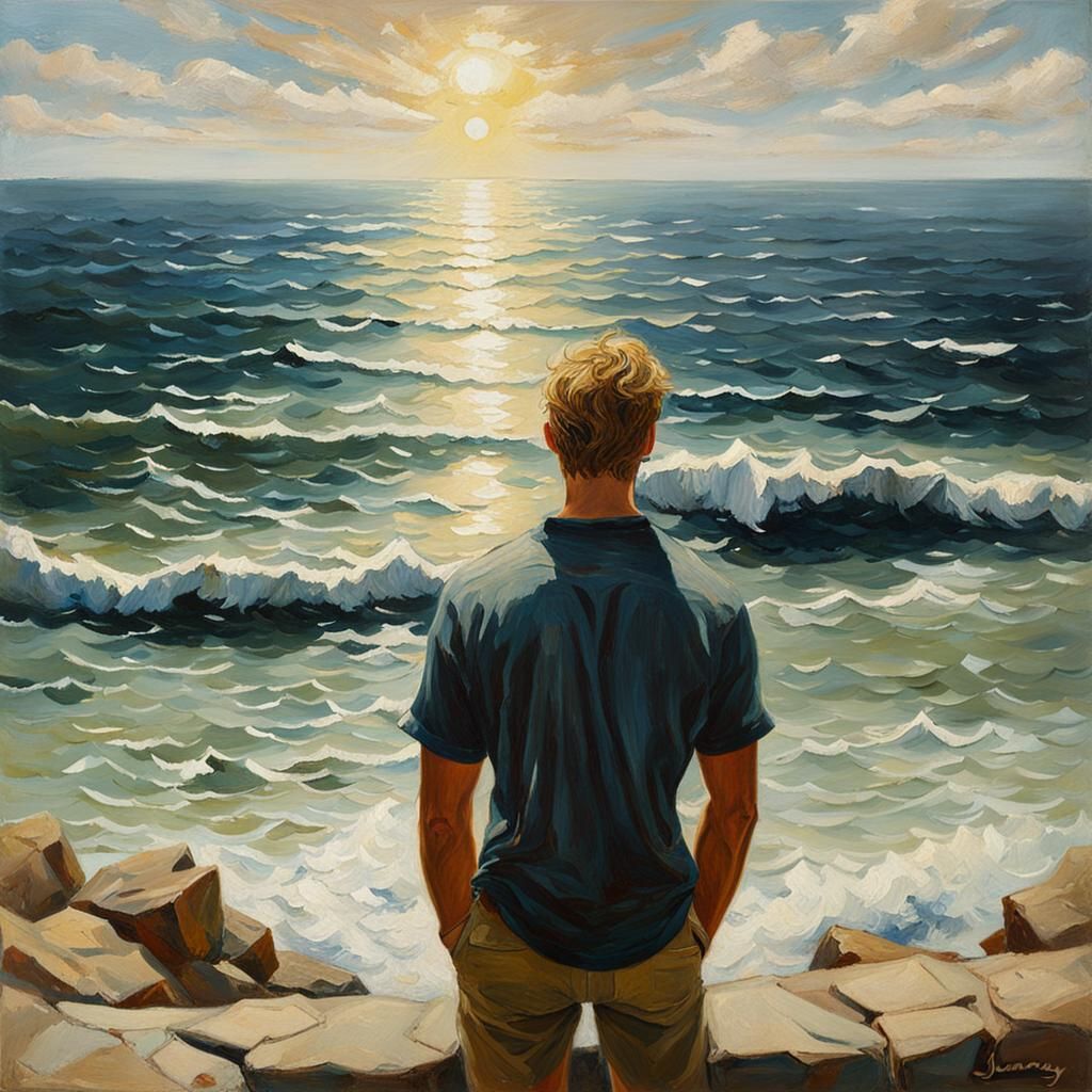Man Gazing at Ocean, Oil Painting Style