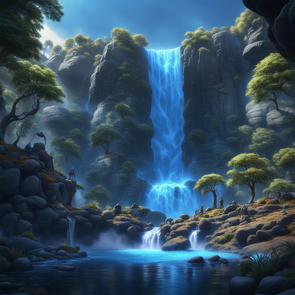 Blue Legume Illuminates Waterfall: Digital Concept Art