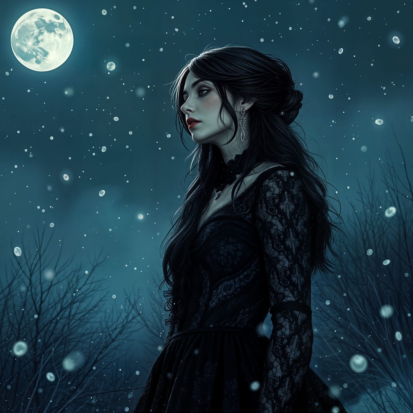 Gothic Woman in Lace Amidst Snowy Night