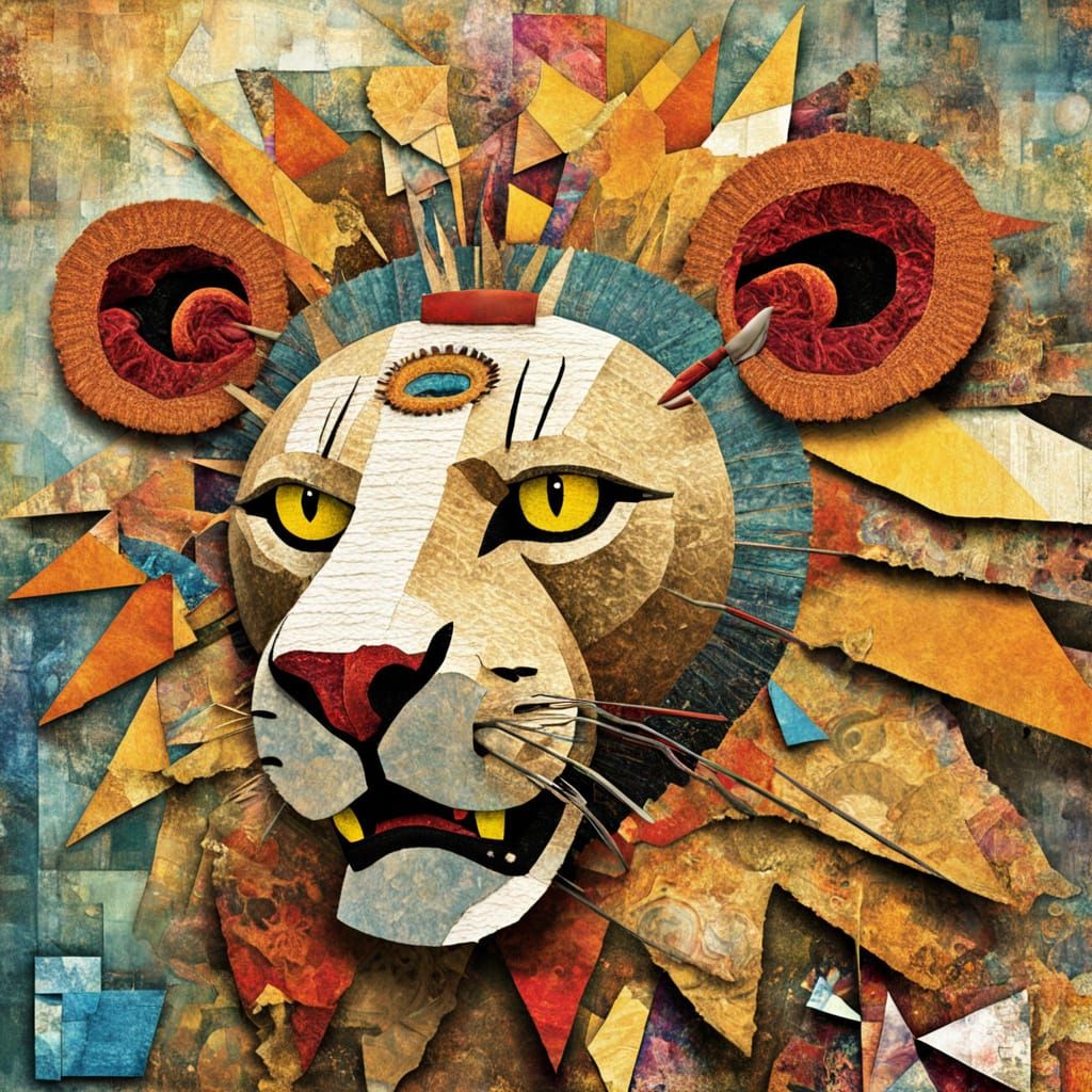 Dada Collage Lion in Impasto, Golden Hour