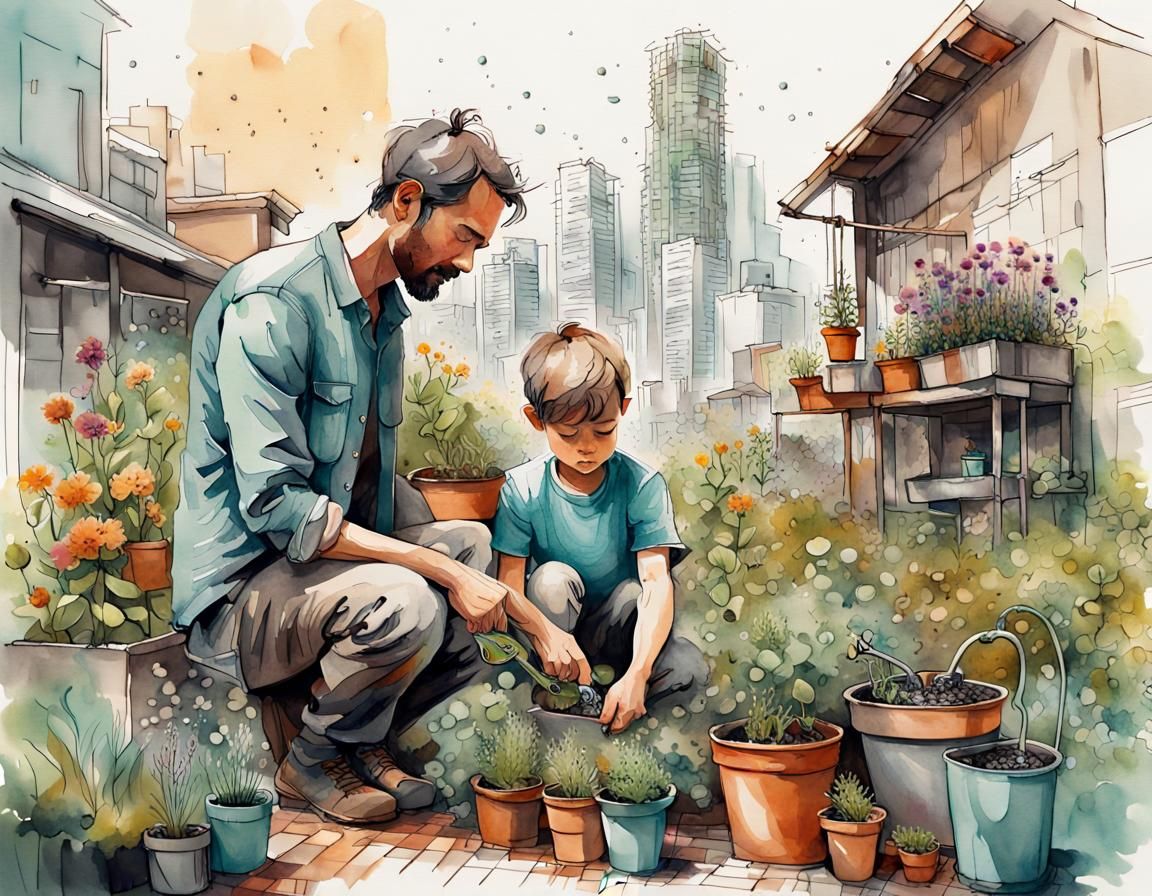 Urban garden - Father and son taking care of growing plant seeds and watering green plants.