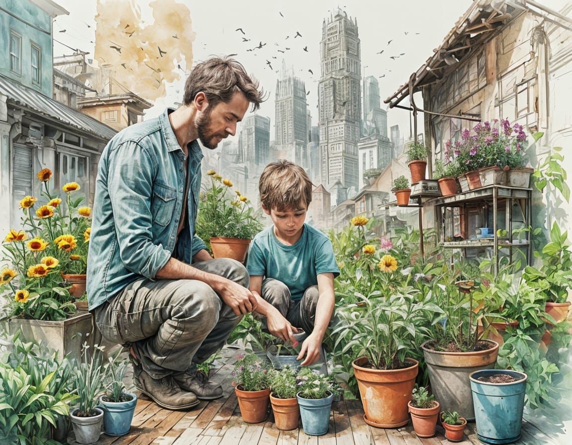 Gardening - Father and son taking care of growing plant seeds and watering green plants.