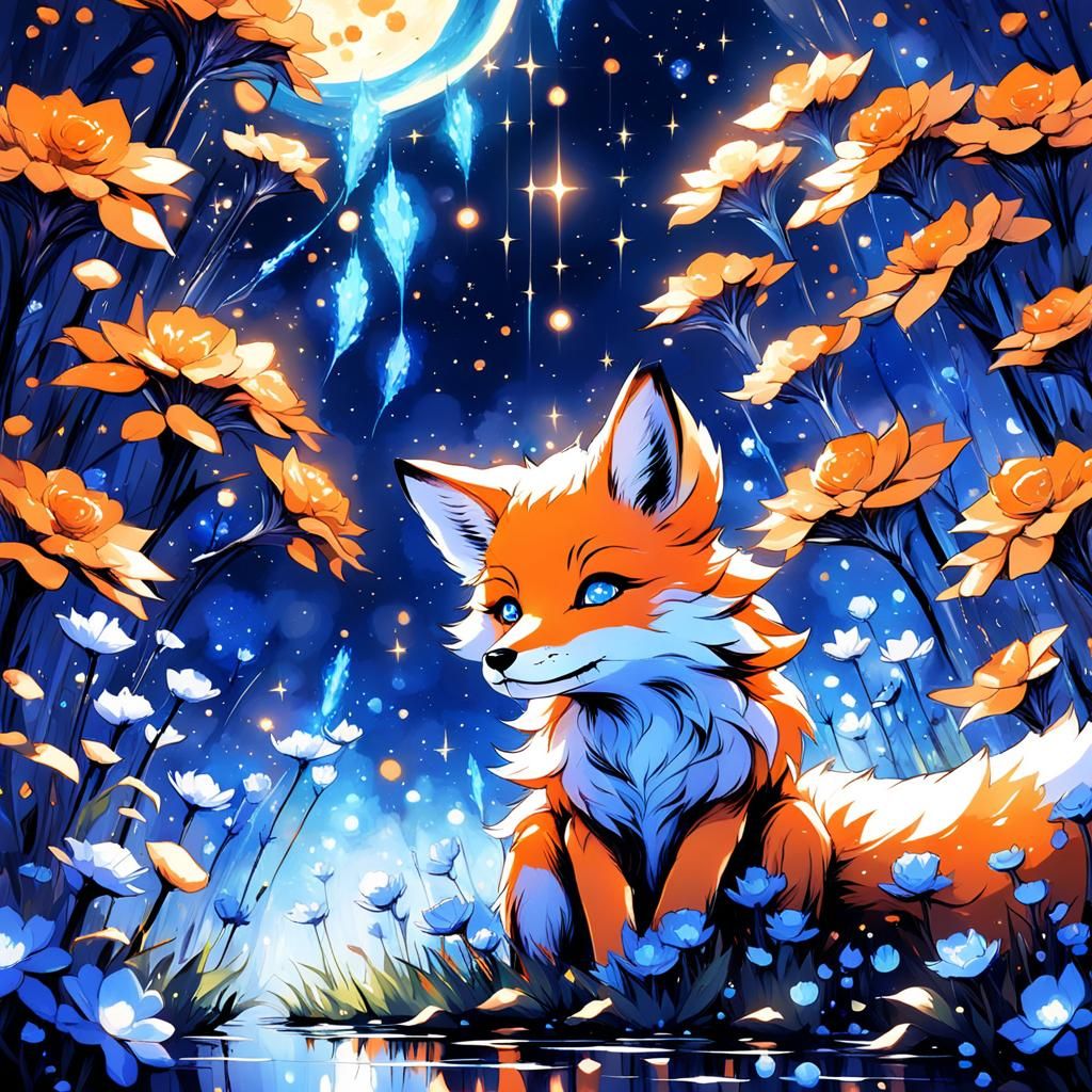 Chibi Fox in Bioluminescent Garden, Gouache Style