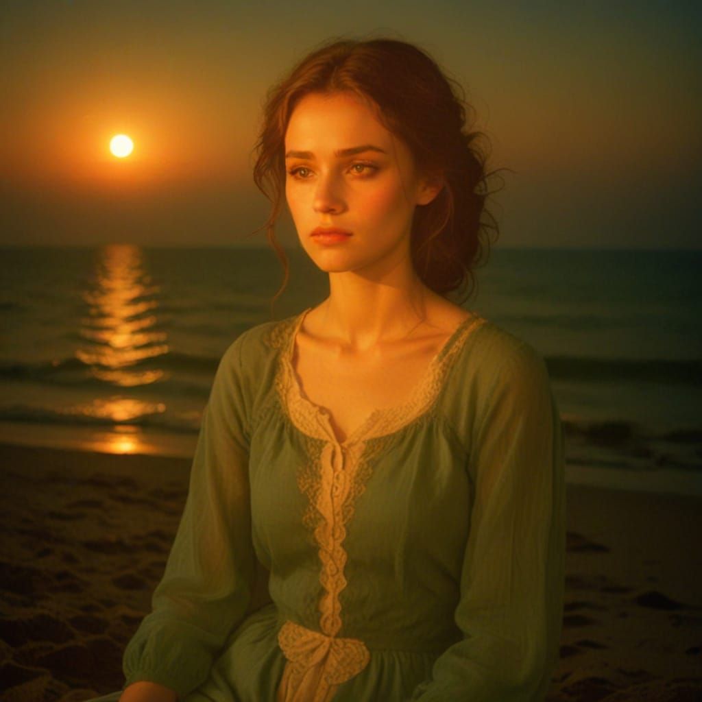 Melancholic Woman Contemplates Unrequited Love on Moonlit Be...