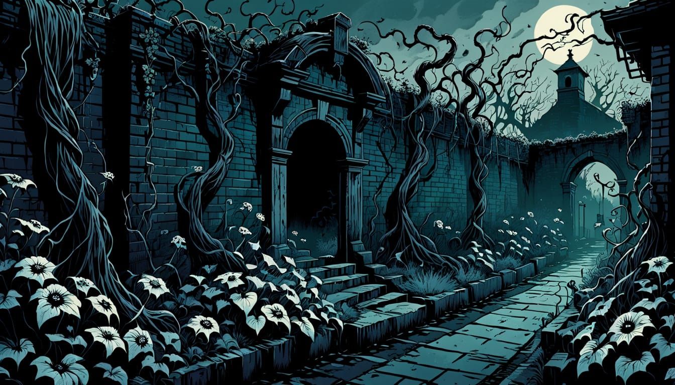 Creepy Garden at Twilight in Comic Book Style