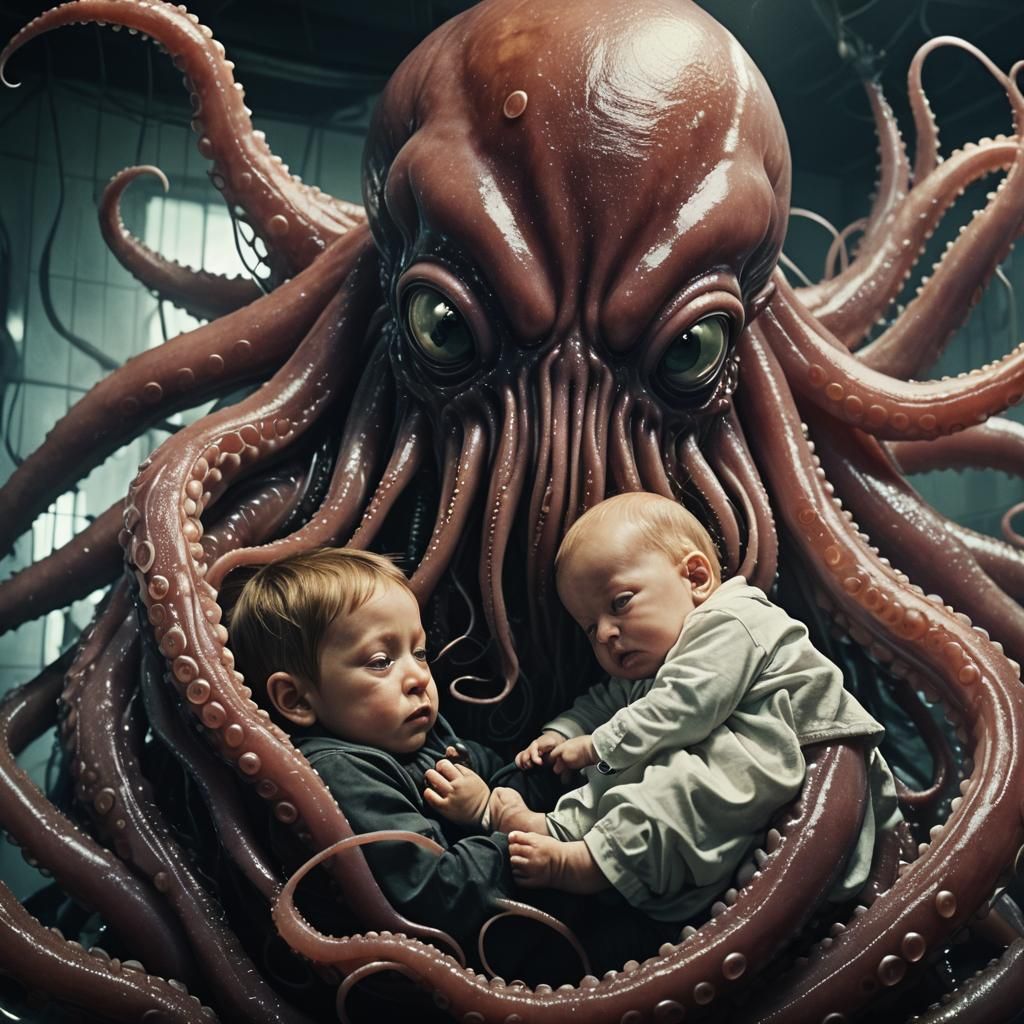 Surreal Cuddle: Giant Squid and Human Baby