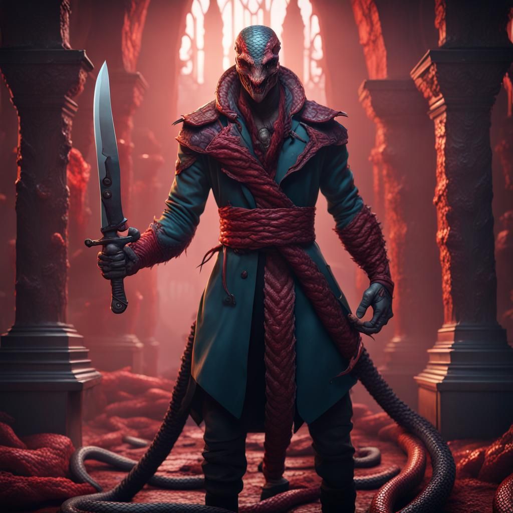 Human Snake with Bloody Knife: Detailed Matte Painting