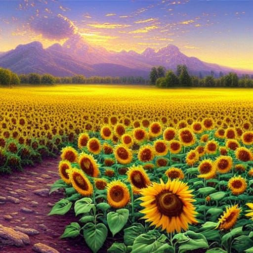 Sunflower Meadow Oil Painting: Fantasy Landscape