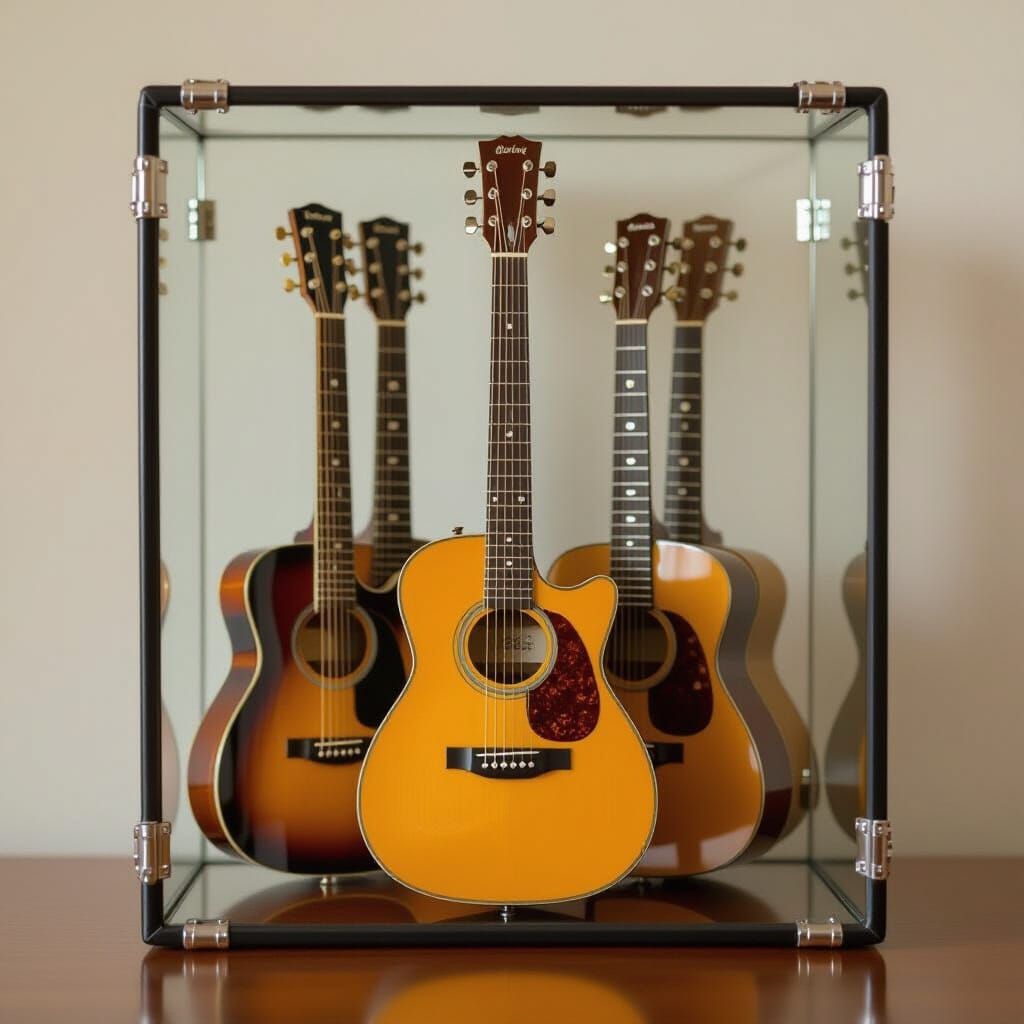 Miniature Guitars in Glass Case as Knolling Art
