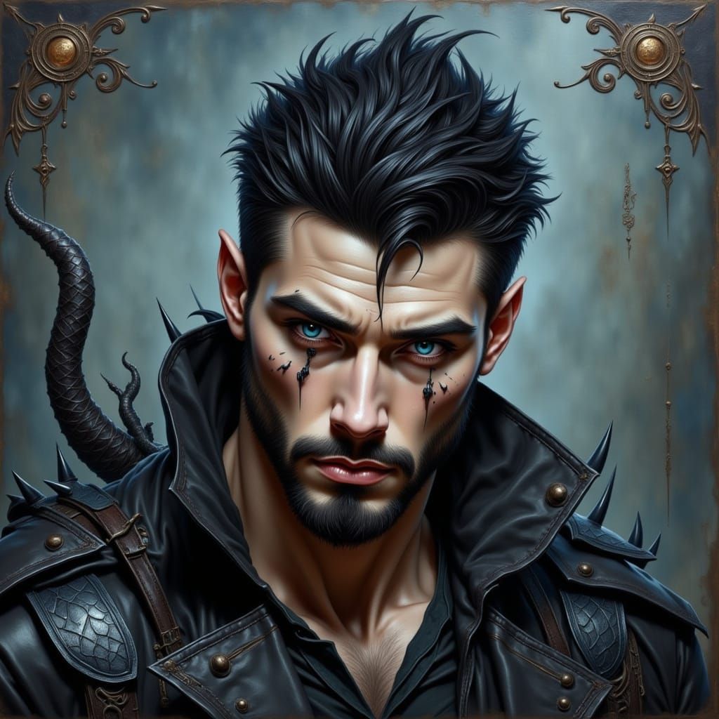 Strong-Jawed Fae Male with Grey Scales and Pointed Ears