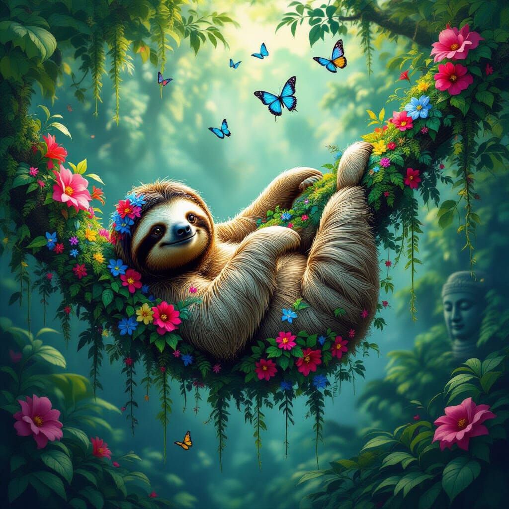 Sloth Covered in Flowers in Mystical Rainforest