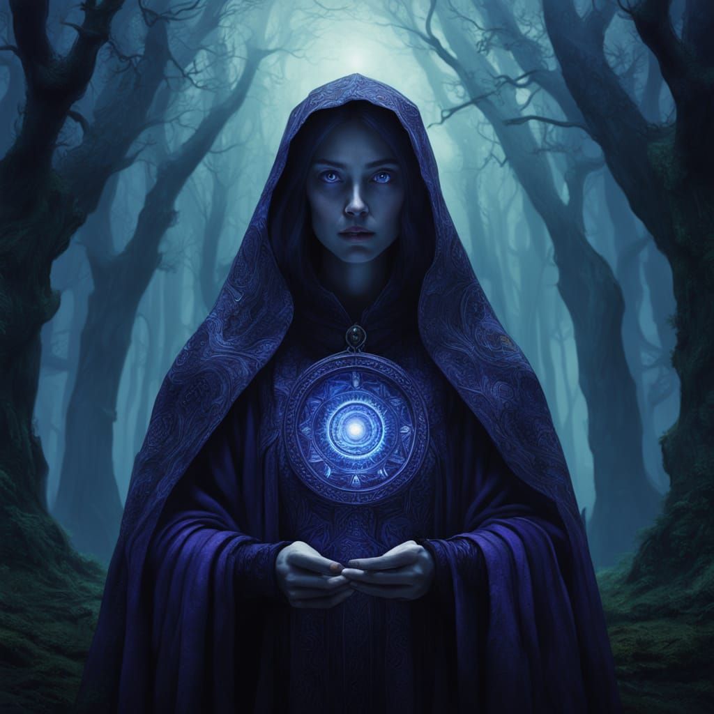 Mysterious Tarot Reader in Dark Fantasy Forest