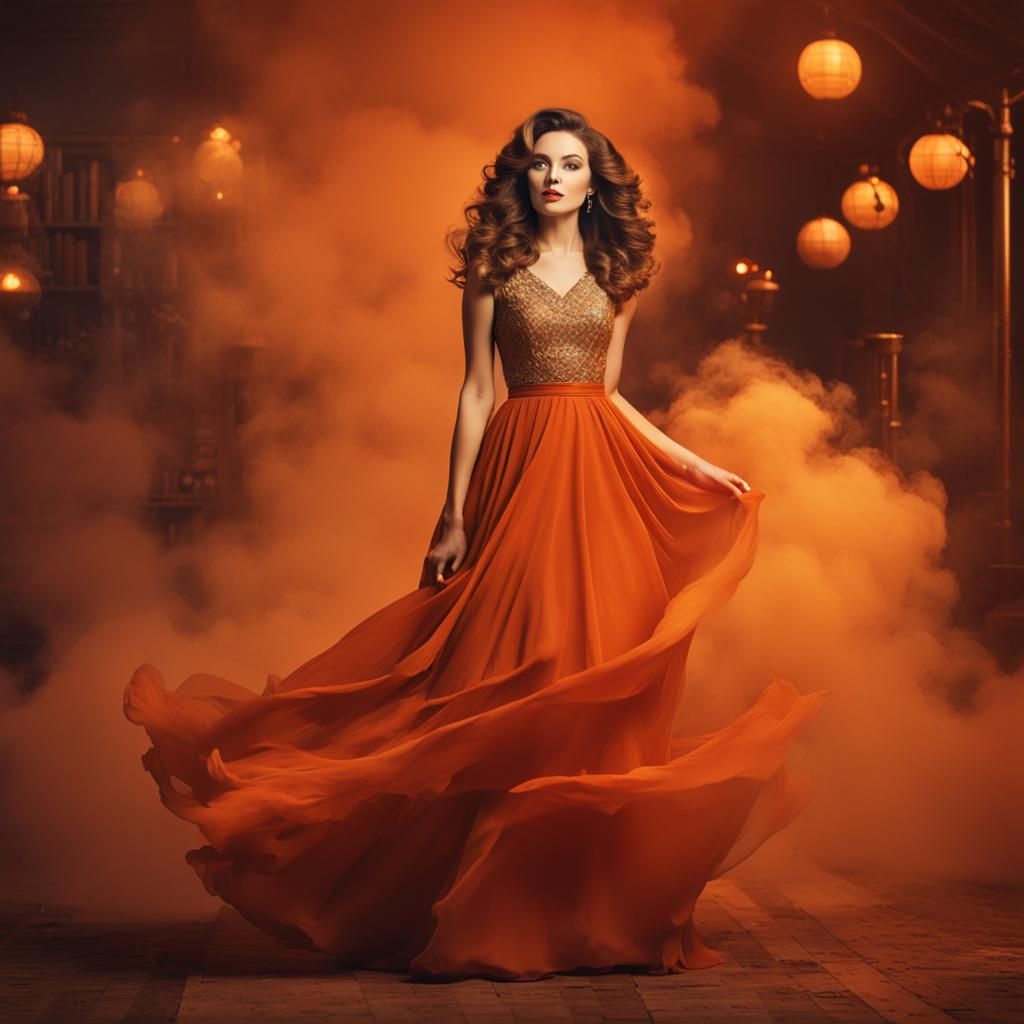 Glamorous Slavic Woman in Orange Dress, Pinup Style