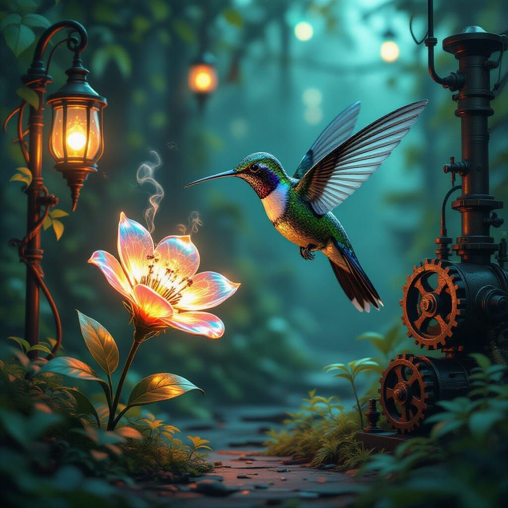 Steampunk Hummingbird with Gear-Wings and Glass Flower