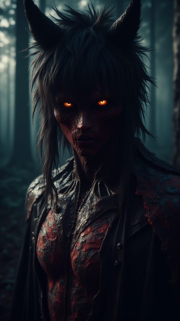 Mysterious Young Man with Wolf Ears and Tail in Dark Fantasy...