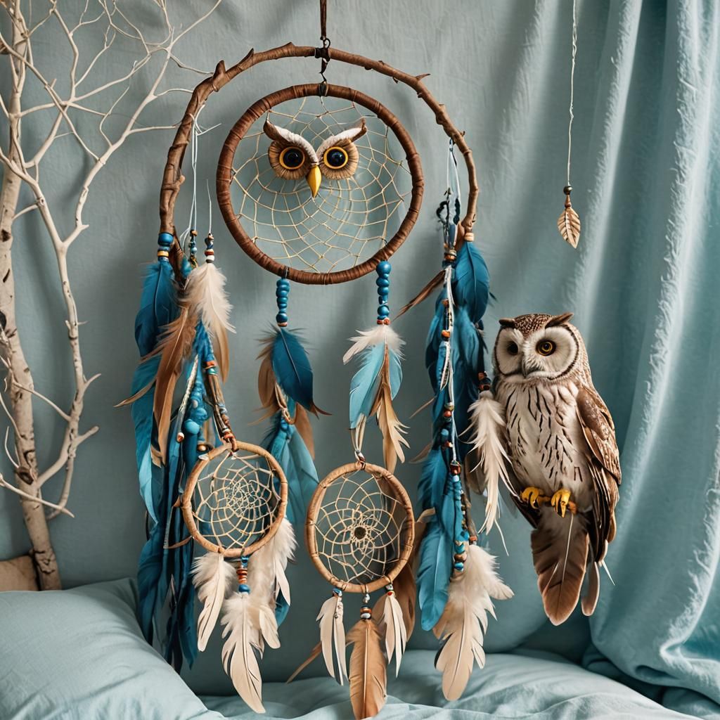 Owl Dreamcatcher Above Bed with Blue Blanket
