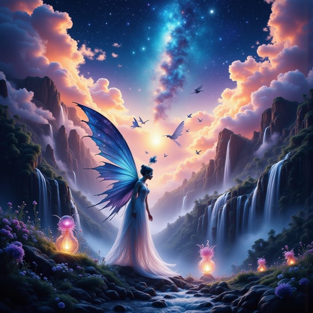 Ethereal Fairies in a Fantasy Waterfall Landscape