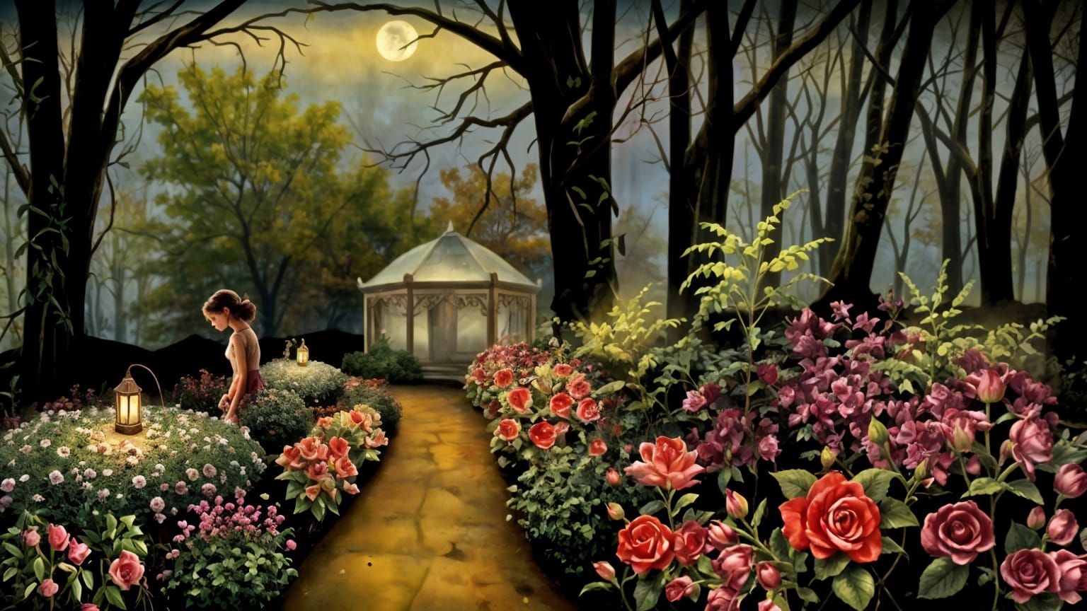 Moonlit Forgotten Garden with Overgrown Roses